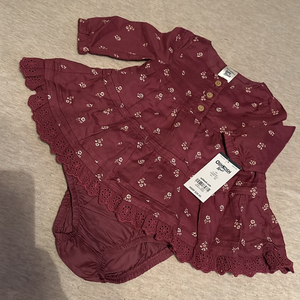 Brand new, Maroon, 2 piece, infant girl, “OshKosh B’gosh” dress and bloomers.
